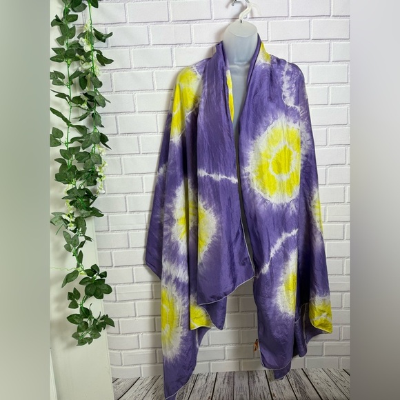 Roberta Freymann 100% Silk Tie-Dye Wrap / Scarf - Purple & Yellow /76x44in - Picture 4 of 11
